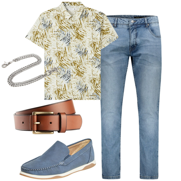 Outfit uomo - City. Stile Casual per Tutti i giorni. Abbinamento con cinture, camicie a manica corta, scarpe stringate, jeans, orologi.