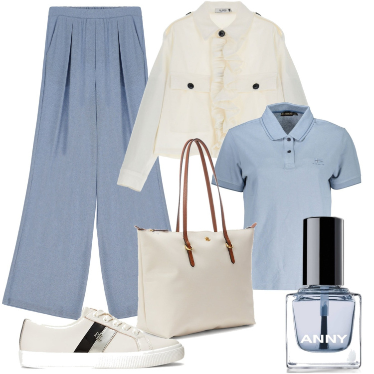 Outfit donna - azzurro cenere. Stile Casual per Tutti i giorni. Abbinamento con smalti, blazer, pantaloni a palazzo, borse tote, sneakers, polo.