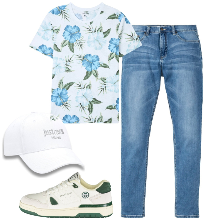 Outfit uomo - City. Stile Casual per Tutti i giorni. Abbinamento con jeans, t-shirt, scarpe sportive, cappelli con visiera.