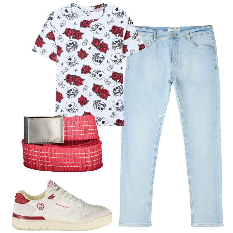 Outfit uomo - City. Stile Casual per Tutti i giorni. Abbinamento con jeans skinny, t-shirt, cinture, scarpe sportive.