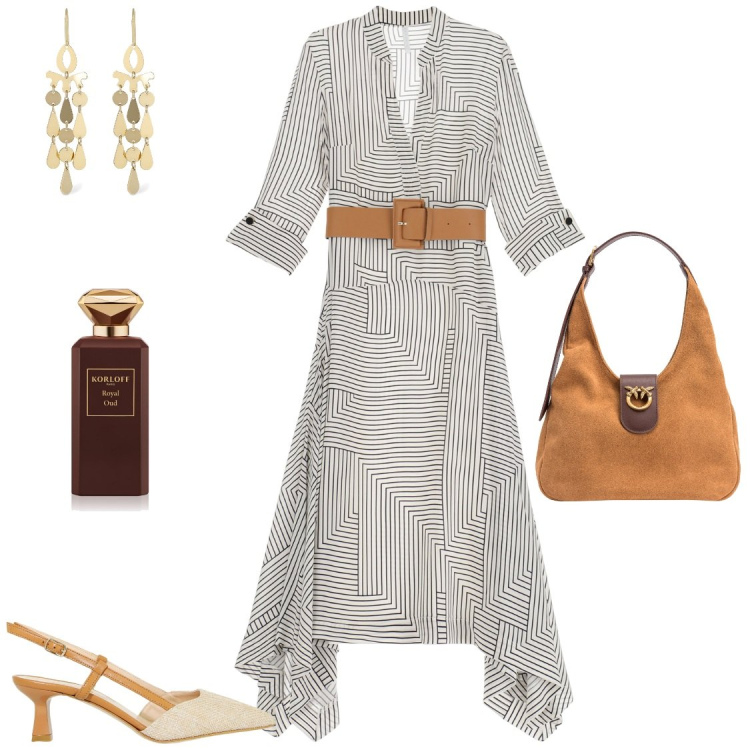 Outfit donna - I colori della Terra. Stile Casual chic per Tutti i giorni. Abbinamento con profumi, borse a spalla, vestiti asimmetrici, sandali col tacco, orecchini.