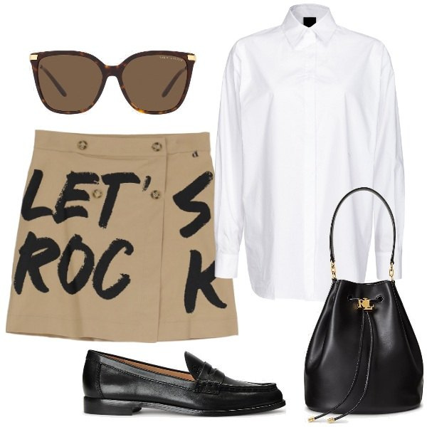 Outfit donna - Let\'s rock. Stile Preppy per Scuola/Università. Abbinamento con camicie, minigonne, occhiali da sole, mocassini, borse a secchiello.