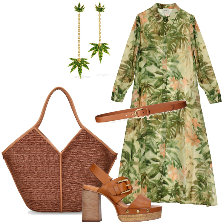 Outfit donna - Green passion. Stile Etnico per Tutti i giorni. Abbinamento con vestiti midi/longuette, cinture, orecchini, sandali in pelle, shopping bag.