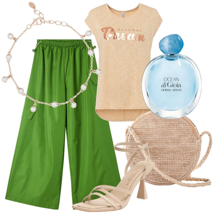 Outfit donna - Earth day. Stile Etnico per Tutti i giorni. Abbinamento con maglieria, borse a tracolla, profumi, pantaloni cargo, sandali col tacco, braccialetti.