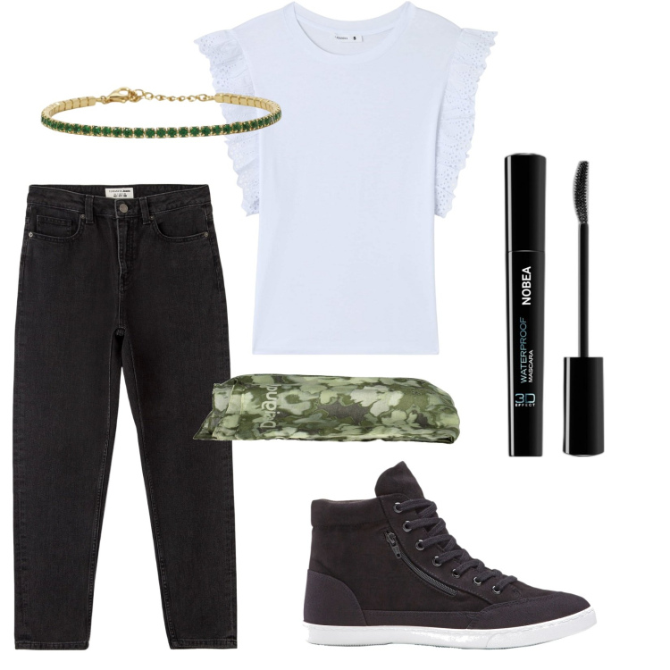 Outfit donna - Basic. Stile Casual per Tutti i giorni. Abbinamento con sneakers alte, mascara, t-shirt, jeans mom, braccialetti, foulard.