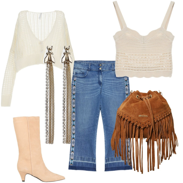Outfit donna - Total look #1858978. Stile Boho per Tutti i giorni. Abbinamento con stivali, orecchini, borse a secchiello, top, cardigans, jeans a zampa.
