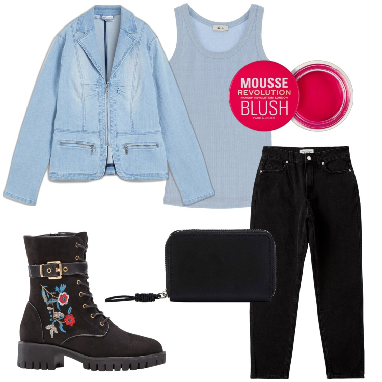 Outfit donna - Total look #1859001. Stile Casual per Tutti i giorni. Abbinamento con stivali, blazer, blush, portafogli, jeans mom, top.