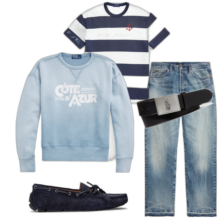 Outfit uomo - Primavera in Costa Azzurra. Stile Casual per Mare. Abbinamento con scarpe stringate, cinture, jeans dritti, felpe, t-shirt.