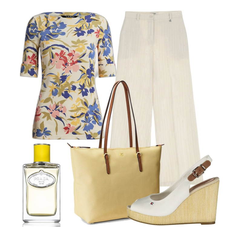 Outfit donna - La maglia a fiori. Stile Casual chic per Tutti i giorni. Abbinamento con profumi, pantaloni, maglieria, borse tote, sandali.