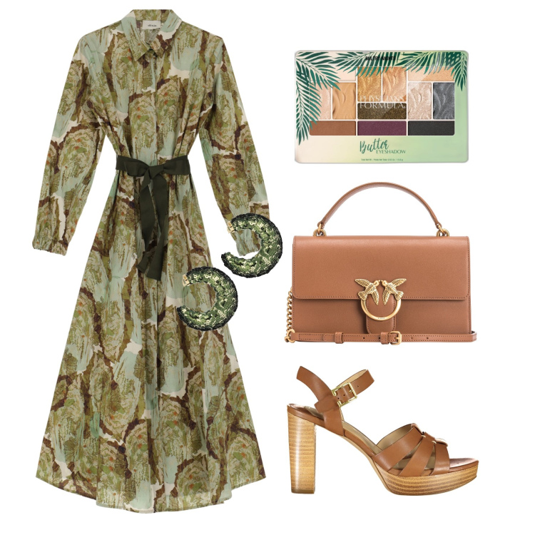 Outfit donna - La terra nel cuore. Stile Chic per Tutti i giorni. Abbinamento con ombretti, borse a tracolla, vestiti midi/longuette, sandali col tacco, orecchini.