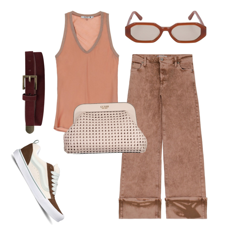 Outfit donna - Trendy Earth Day. Stile Trendy per Tutti i giorni. Abbinamento con pantaloni, top, cinture, borse a mano, occhiali da sole, sneakers.