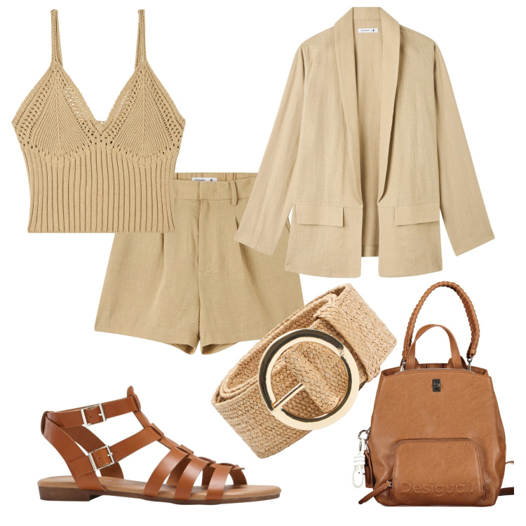 Outfit donna - Lino, canapa, cuoio in città. Stile Trendy per Tutti i giorni. Abbinamento con sandali, bermuda, top, blazer, cinture, zaini.