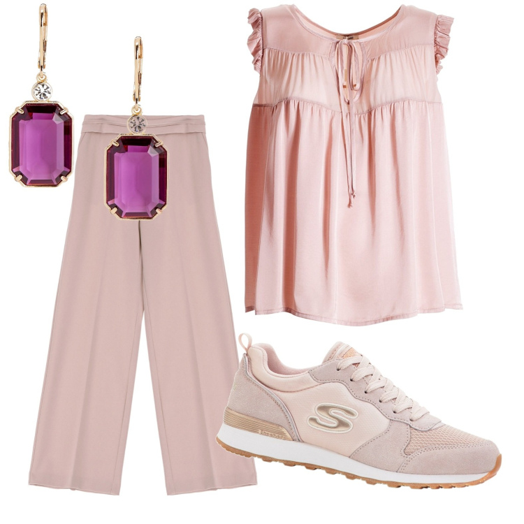 Outfit donna - Total look #1859049. Stile Casual chic per Serata fuori. Abbinamento con sneakers, bluse, pantaloni, orecchini.