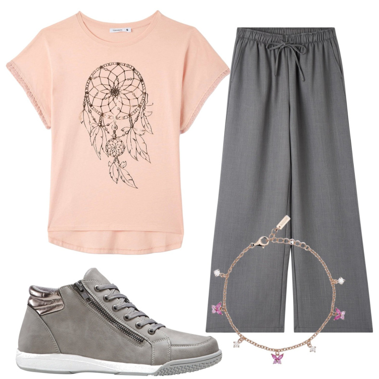 Outfit donna - Total look #1859051. Stile Casual chic per Tutti i giorni. Abbinamento con sneakers alte, pantaloni, t-shirt, braccialetti.