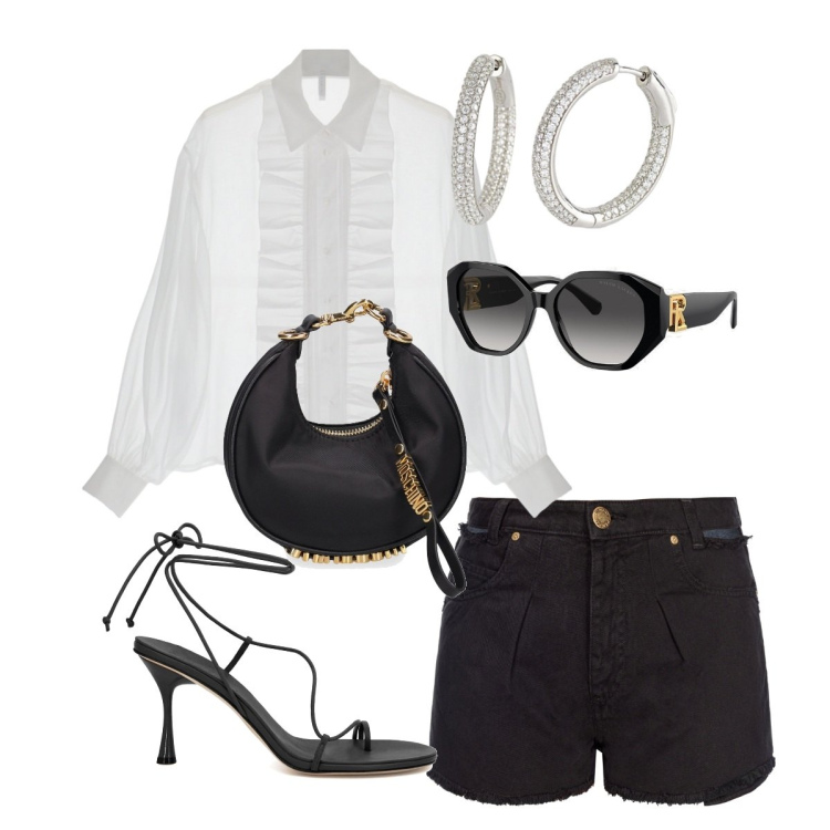 Outfit donna - Apericena con le amiche. Stile Chic per Serata fuori. Abbinamento con orecchini, pantaloni, camicie, occhiali da sole, sandali in pelle, borse a mano.