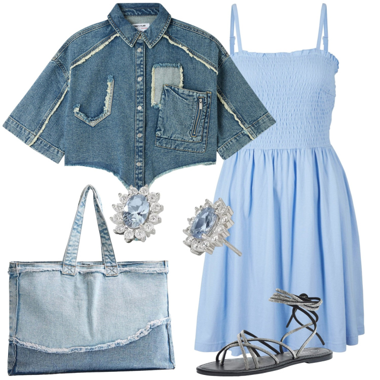 Outfit donna - Azzurro polvere. Stile Sporty chic per Serata fuori. Abbinamento con vestiti, camicie a manica corta, sandali alla schiava, shopping bag, orecchini.