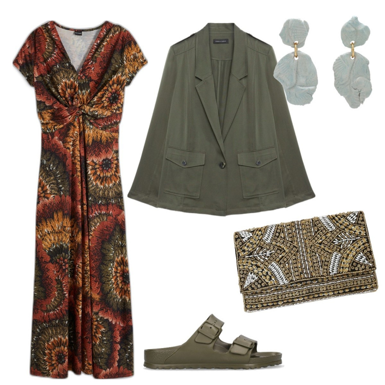 Outfit donna - Amante della Natura. Stile Boho per Tutti i giorni. Abbinamento con vestiti lunghi, orecchini, pochette, sandali, blazer.