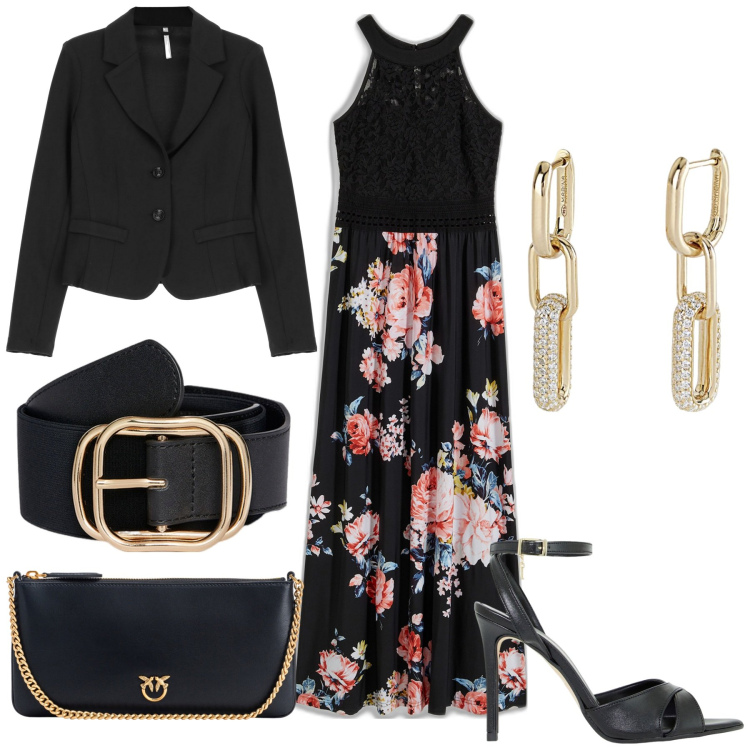 Outfit donna - Total look #1859079. Stile Chic per Cerimonia. Abbinamento con vestiti lunghi, orecchini, borse a tracolla, blazer, décolleté, cinture.