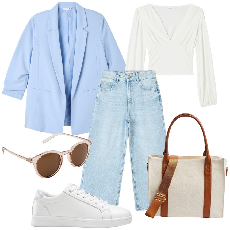 Outfit donna - Il blazer pastello. Stile Casual per Tutti i giorni. Abbinamento con sneakers, occhiali da sole, jeans, t-shirt, shopping bag, blazer.