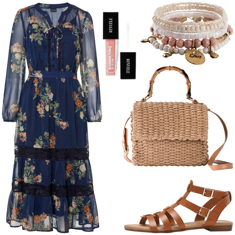 Outfit donna - Boho low cost. Stile Boho per Tutti i giorni. Abbinamento con braccialetti, vestiti midi/longuette, borse a mano, sandali, gloss.