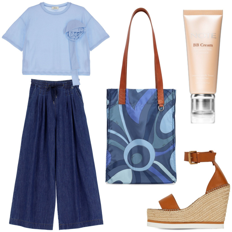 Outfit donna - Azzurro polvere. Stile Trendy per Tutti i giorni. Abbinamento con correttori, jeans, t-shirt, espadrillas, shopping bag.