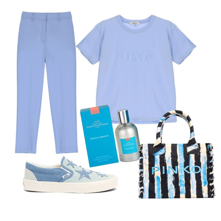 Outfit donna - Tutti i giorni. Stile Casual per Tutti i giorni. Abbinamento con profumi, shopping bag, pantaloni, t-shirt, sneakers.
