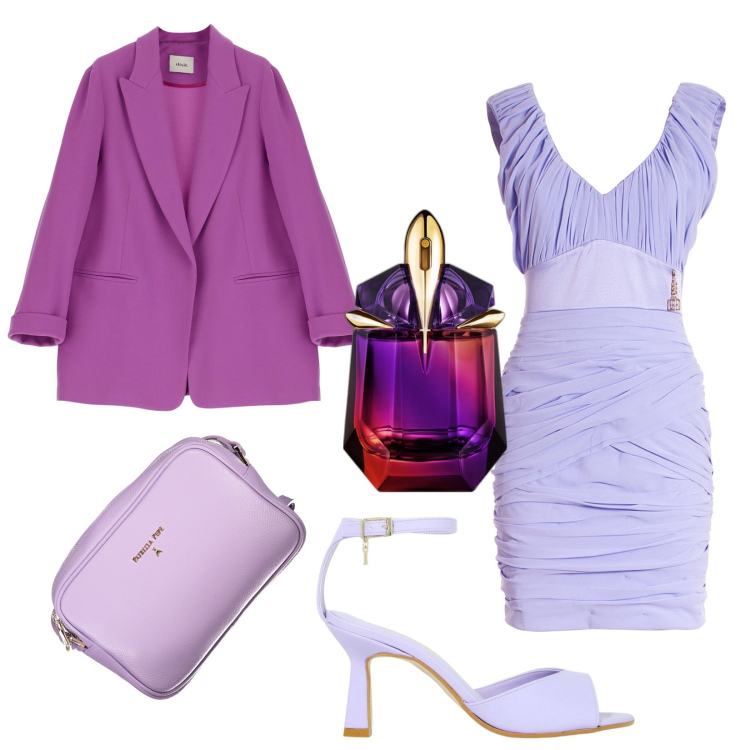 Outfit donna - Serata primaverile. Stile Chic per Serata fuori. Abbinamento con profumi, vestiti a tubino, décolleté, blazer, borse a tracolla.