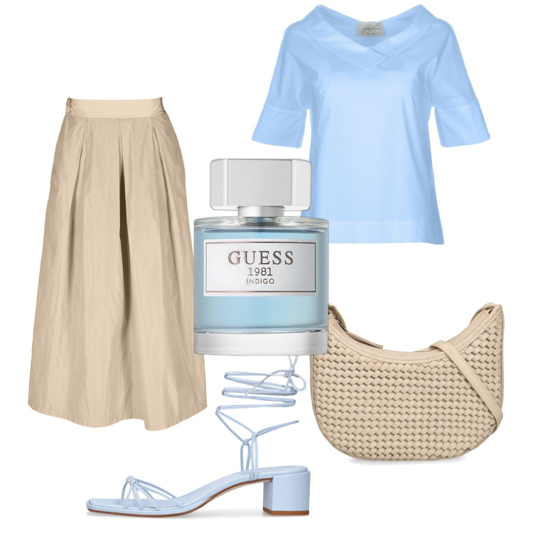 Outfit donna - Domenica mattina City Life. Stile Glamour per Tutti i giorni. Abbinamento con profumi, bluse, gonne, borse a spalla, sandali in pelle.