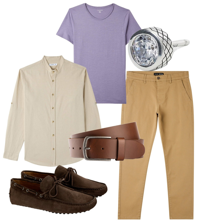Outfit uomo - Tocco di glicine. Stile Casual per Tutti i giorni. Abbinamento con cinture, pantaloni skinny, camicie, t-shirt, orecchini, scarpe stringate.