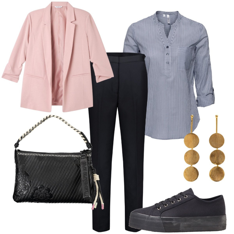 Outfit donna - Stile etnico. Stile Mannish per Tutti i giorni. Abbinamento con tuniche, sneakers, blazer, pantaloni, borse a spalla, orecchini.