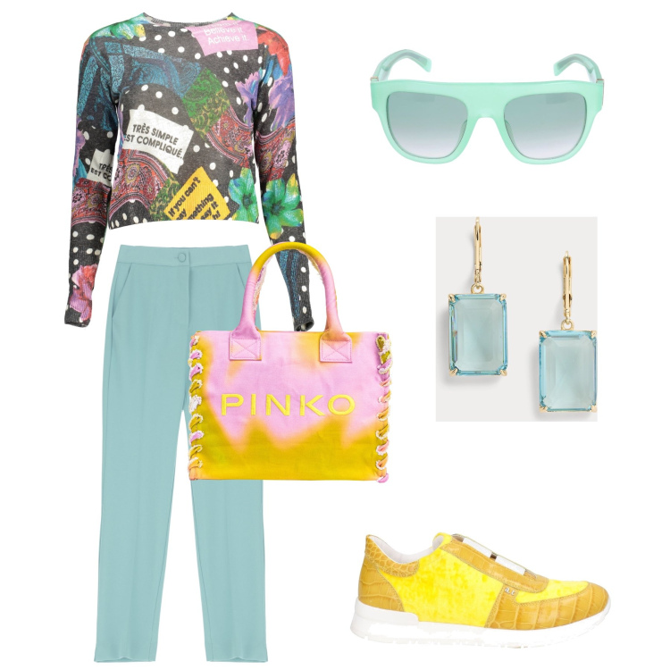 Outfit donna - Verde & giallo. per Ufficio. Abbinamento con sneakers, shopping bag, pantaloni, orecchini, maglieria, occhiali da sole.