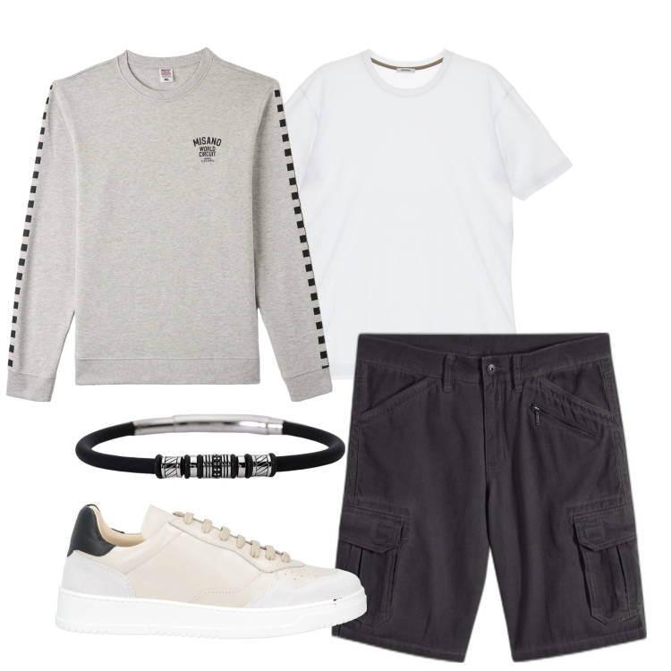 Outfit uomo - Tarda primavera. Stile Casual per Tutti i giorni. Abbinamento con bermuda, sneakers, felpe, braccialetti, t-shirt.