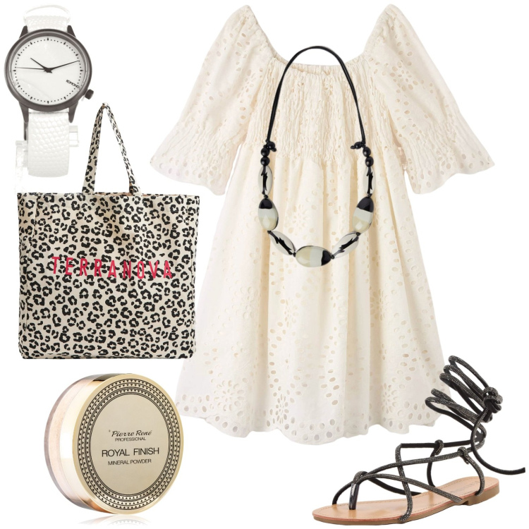 Outfit donna - Boho. Stile Boho per Tutti i giorni. Abbinamento con orologi, fondotinta, vestiti corti, shopping bag, sandali alla schiava, collane.