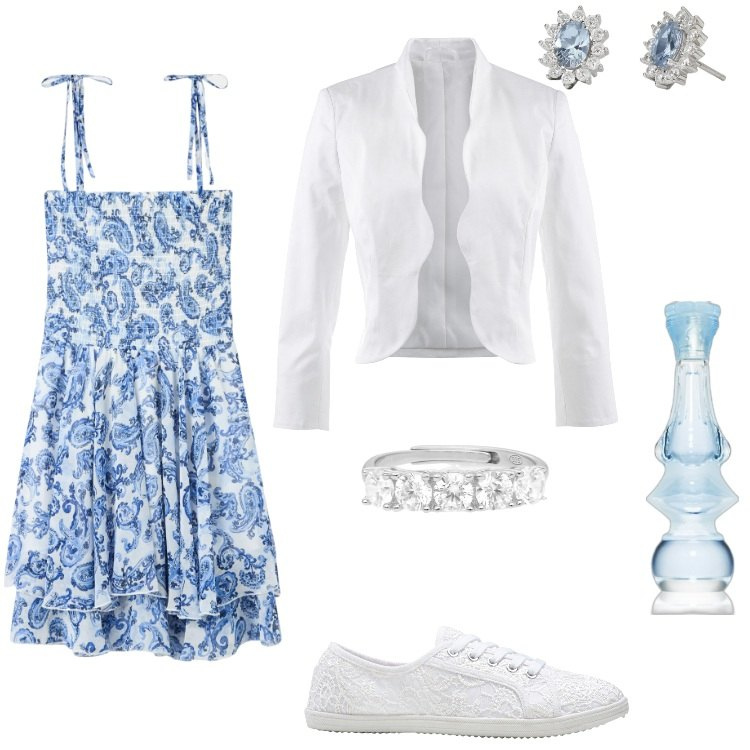 Outfit donna - Total look #1859165. Stile Boho per Cerimonia. Abbinamento con blazer, sneakers, profumi, vestiti, anelli, orecchini.