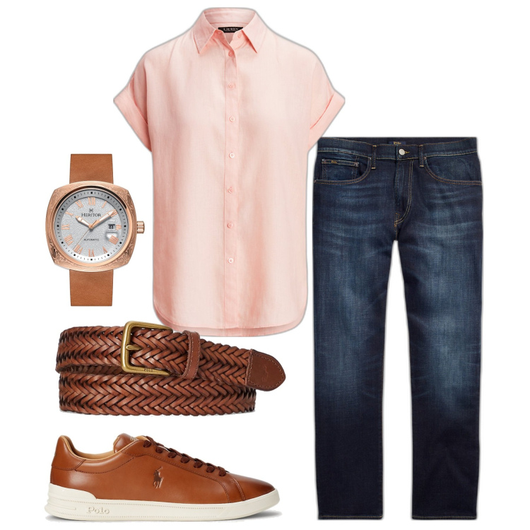 Outfit uomo - Bon ton per lui. Stile Casual per Tutti i giorni. Abbinamento con orologi, jeans dritti, cinture, sneakers, camicie a manica corta.