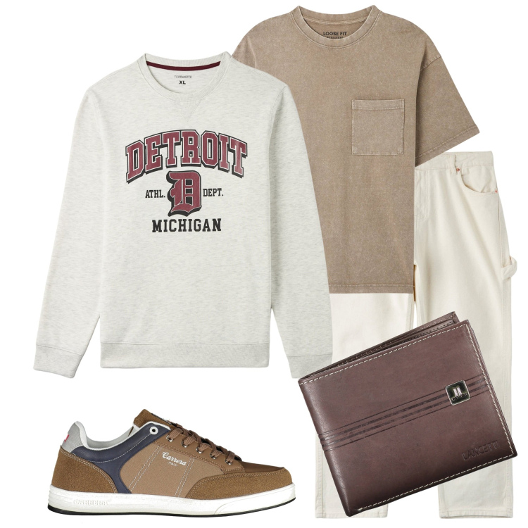 Outfit uomo - In città. Stile Casual per Tutti i giorni. Abbinamento con t-shirt, pantaloni, felpe, portafogli, scarpe sportive.