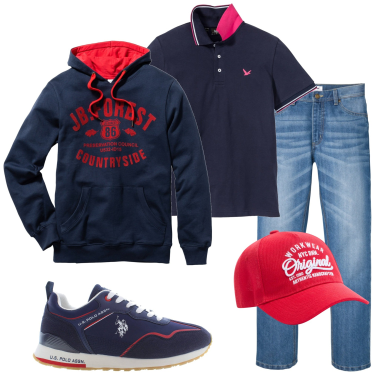 Outfit uomo - Domenica pomeriggio. Stile Casual per Tutti i giorni. Abbinamento con felpe con cappuccio, polo, jeans, cappelli, scarpe sportive.