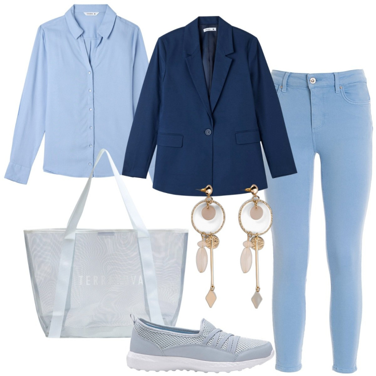 Outfit donna - Ufficio. Stile Mannish per Ufficio. Abbinamento con sneakers, orecchini, camicie, blazer, shopping bag, jeans skinny.
