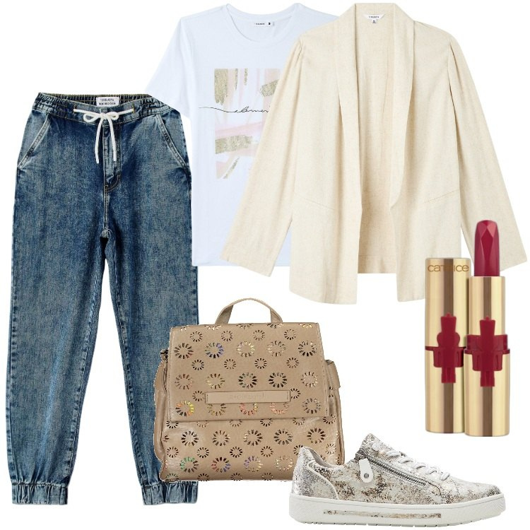 Outfit donna - Total look #1859226. Stile Sporty chic per Tutti i giorni. Abbinamento con sneakers, rossetti, blazer, camicie a manica corta, jeans dritti, zaini.