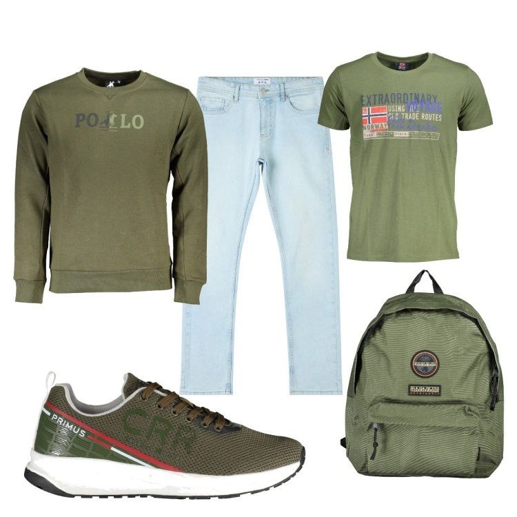 Outfit uomo - Total look #1859233. Stile Casual per Tutti i giorni. Abbinamento con jeans dritti, t-shirt, borse sportive, felpe, scarpe sportive.
