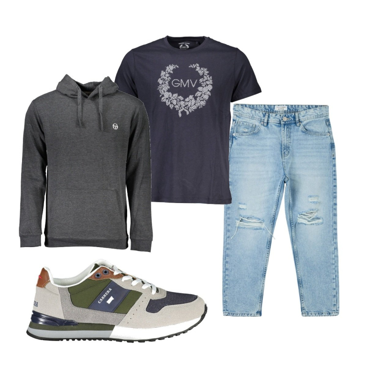 Outfit uomo - Total look #1859237. Stile Casual per Tutti i giorni. Abbinamento con jeans strappati, felpe con cappuccio, t-shirt, scarpe sportive.