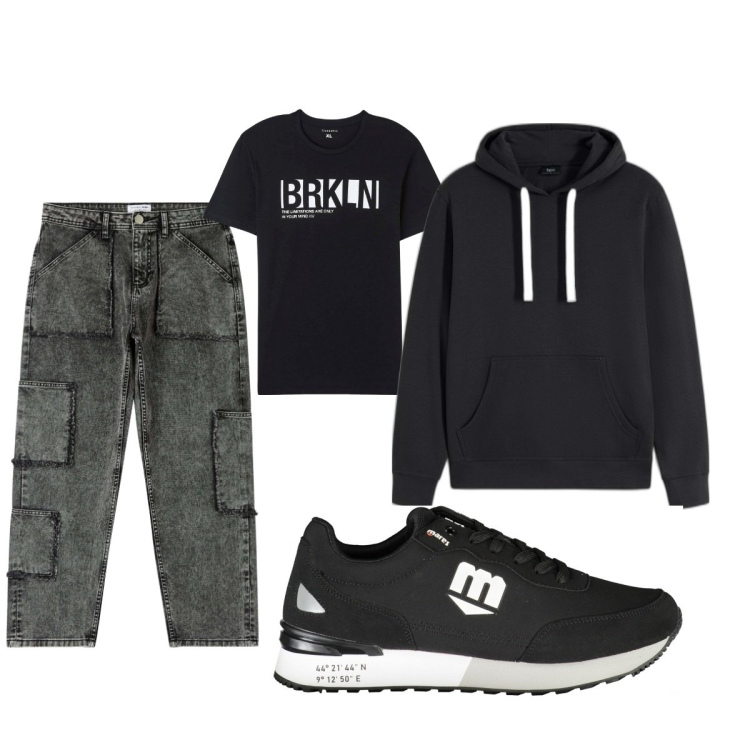 Outfit uomo - Total look #1859238. Stile Casual per Tutti i giorni. Abbinamento con felpe con cappuccio, t-shirt, jeans, scarpe sportive.