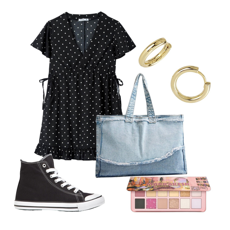 Outfit donna - Ghost outfitter - aprile. Stile Casual per Tutti i giorni. Abbinamento con sneakers alte, ombretti, vestiti, shopping bag, orecchini.