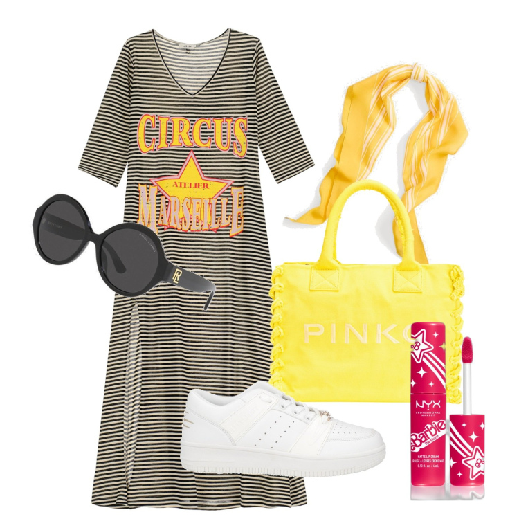 Outfit donna - Ghost outfitter - aprile. Stile Trendy per Tutti i giorni. Abbinamento con sneakers, rossetti, shopping bag, vestiti lunghi, occhiali da sole, sciarpe.