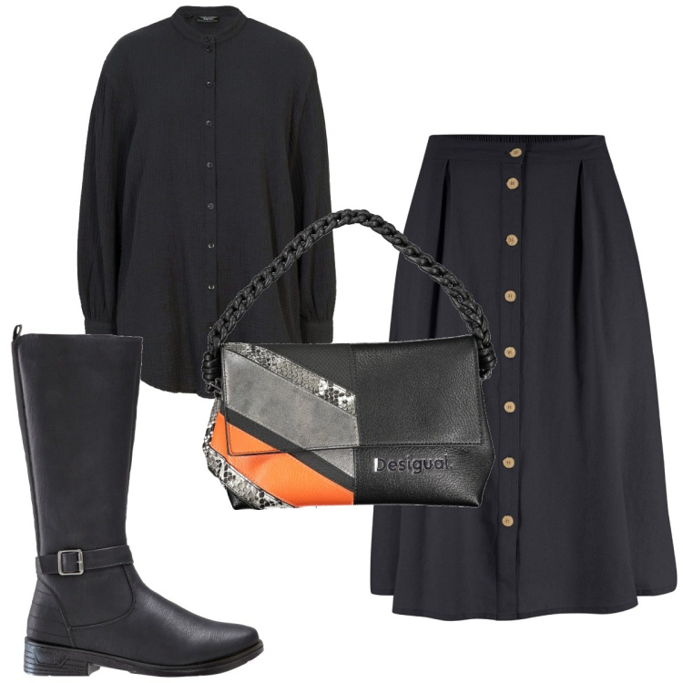 Outfit donna - Total look #1859263. Stile Trendy per Tutti i giorni. Abbinamento con gonne longuette, stivali, camicie, borse a spalla.
