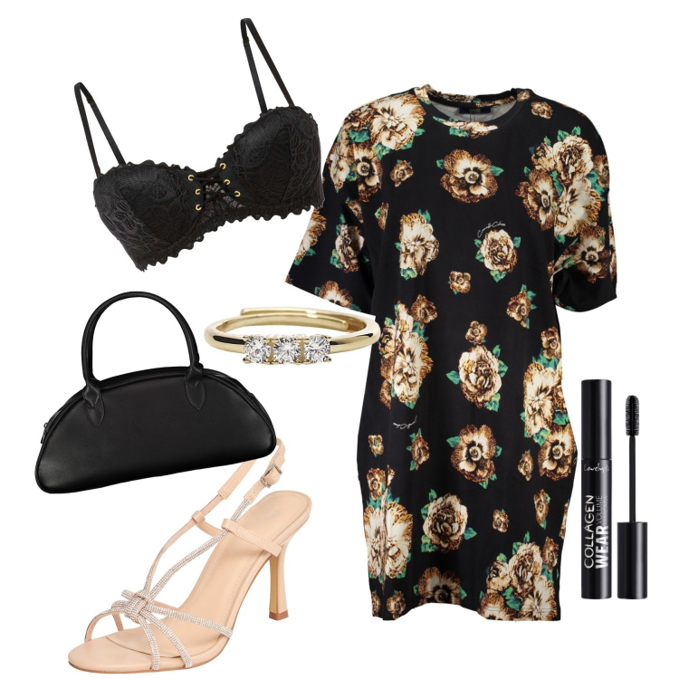 Outfit donna - Fiorito aperitivo. Stile Bon Ton per Serata fuori. Abbinamento con reggiseni a balconcino, mascara, sandali col tacco, anelli, vestiti corti, borse a spalla.
