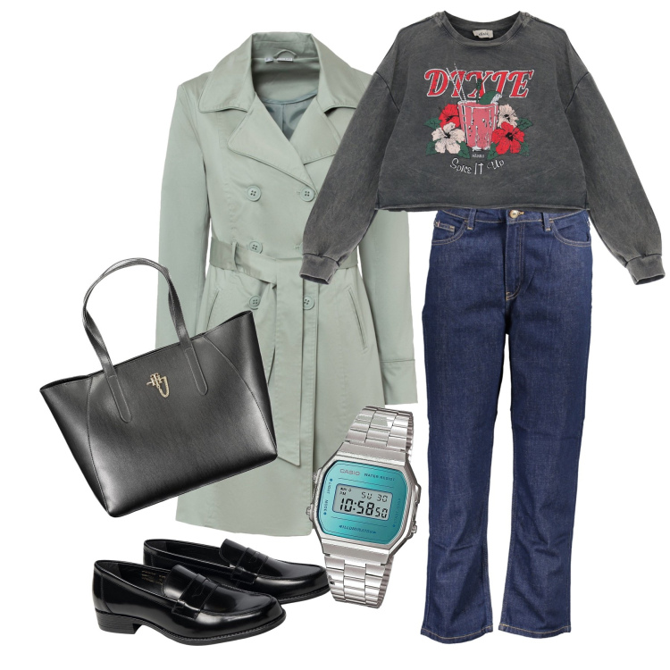 Outfit donna - Fresca mattinata. Stile Basic per Tutti i giorni. Abbinamento con trench, orologi, felpe, jeans dritti, mocassini, borse a spalla.
