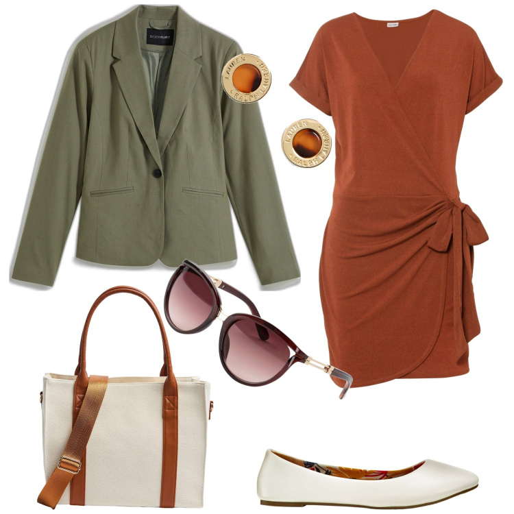 Outfit donna - Earth day. Stile Casual chic per Tutti i giorni. Abbinamento con occhiali da sole, blazer, ballerine, vestiti, shopping bag, orecchini.