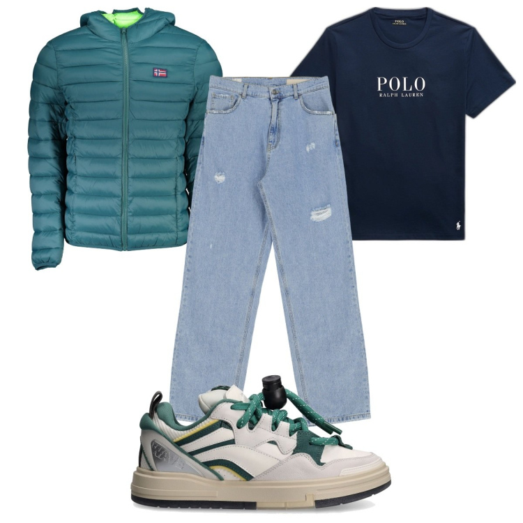 Outfit uomo - Total look #1859280. Stile Trendy per Tutti i giorni. Abbinamento con jeans dritti, t-shirt, giacche, sneakers.