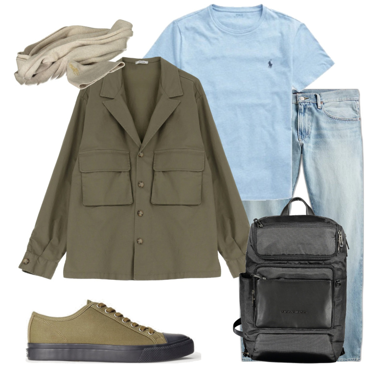 Outfit uomo - Verso la stazione. Stile Urban per Tutti i giorni. Abbinamento con camicie, sneakers, jeans, t-shirt, sciarpe, borse sportive.